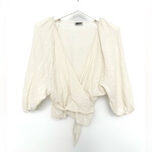 Textured Wrap Blouse with Tie Waist in Ivory